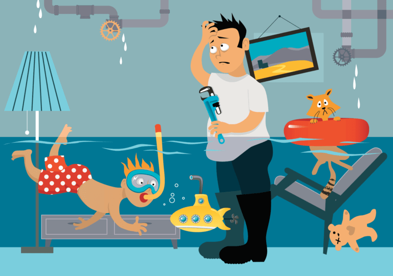 Cartoon of flooded living room, kid swimming in living room