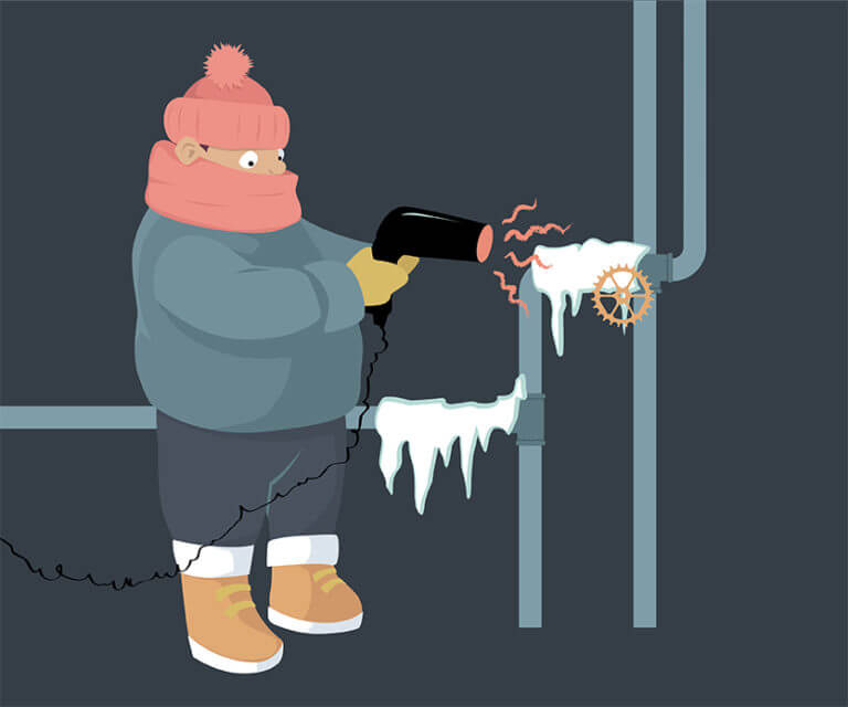 Illustration of man with blowdryer trying to thaw frozen pipes