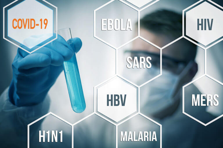 view of man in lab coat with viles in hand. Words overlayed on top are "Covid 19", "HBV", "HIV", "Ebola", "H1N1", "Mers", "Malaria"